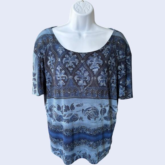 Unbranded Blue Damask Baroque Scoop Neck Top Short Sleeve Relaxed Fit - Picture 1 of 3